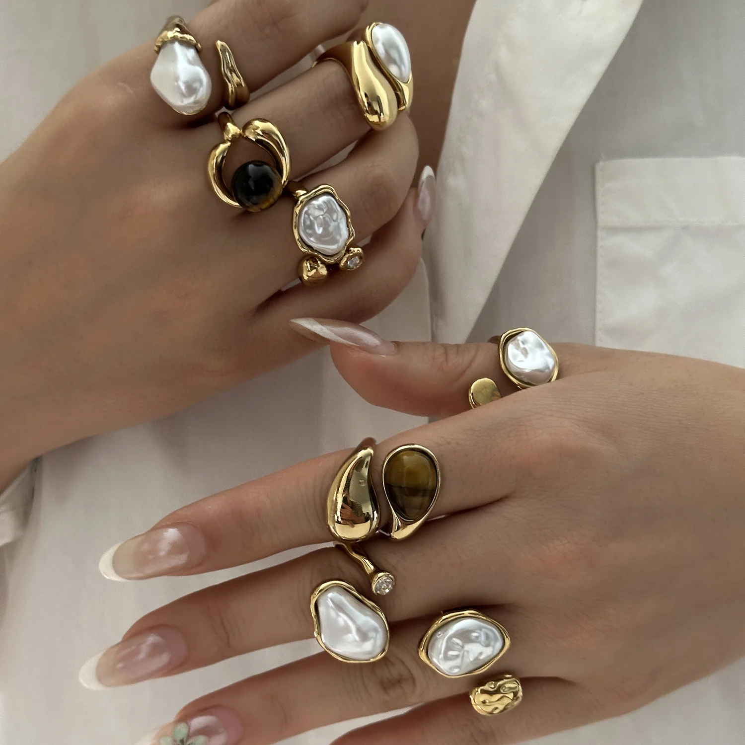 Vintage Naturstein Edelstahl-Ringe für Damen und Herren Trendige Vergoldete Hohle Geometrische Ringe Finger-Accessoires Schmuck – Detail 1