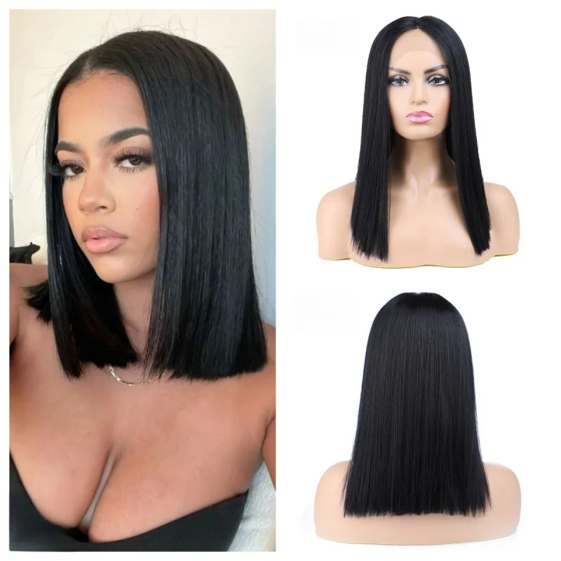

Lydia Glueless Hand-made Short Bob Frontal Lace Synthetic Hair Wigs Silky Yaki Straight Free-side Combs-In Shoulder Length 16IN