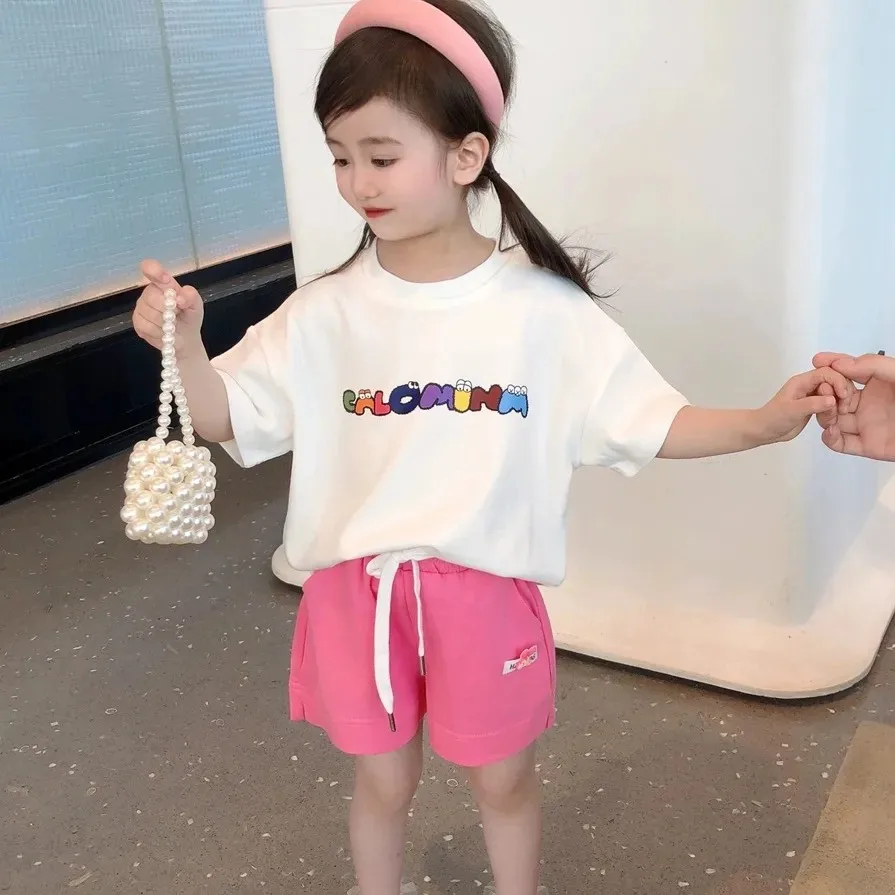 Girls Set Short sleeved T-shirt 2024 Summer New Children's Fashionable T-shirt Shorts Fashion Baby Loose Top