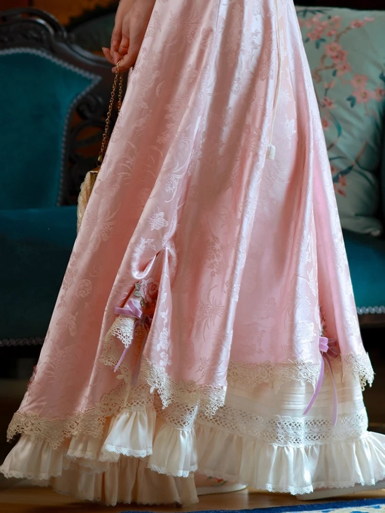 

64-80cmWaist SpringFall Maxi Skirt Women Vintage Elegant A-Linen Embroidery Lace Ruffle Big Swing Pink Jacquard Satin Long Skirt
