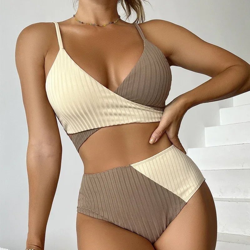 

2-piece High Waist Swimsuit Women,2024 Patchwork,cross V-neck Bikini,suspender Backless Swimwear,lace-up,Adjustable Strap,summer