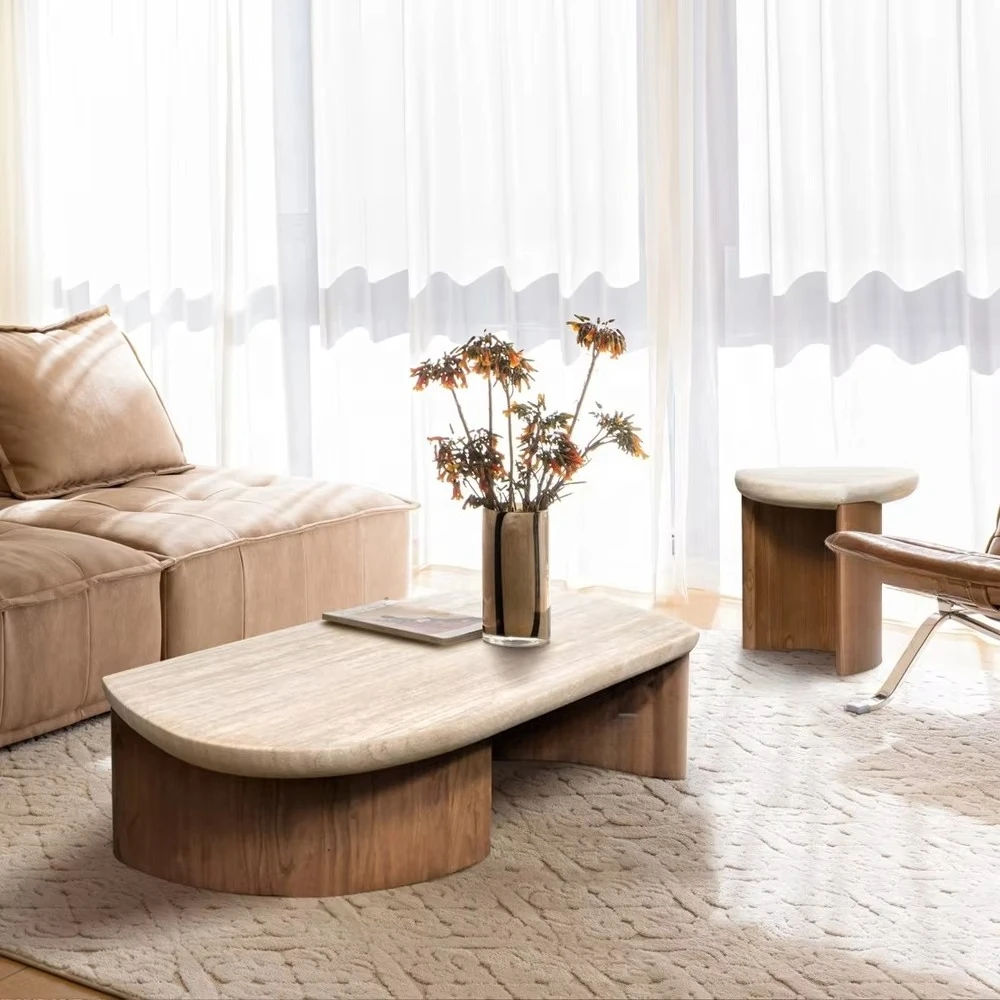 Nordic Style Solid Wood Coffee Table Natural Marble Stone Top Travertine Side Table Limestone Wooden Base for Home Furniture