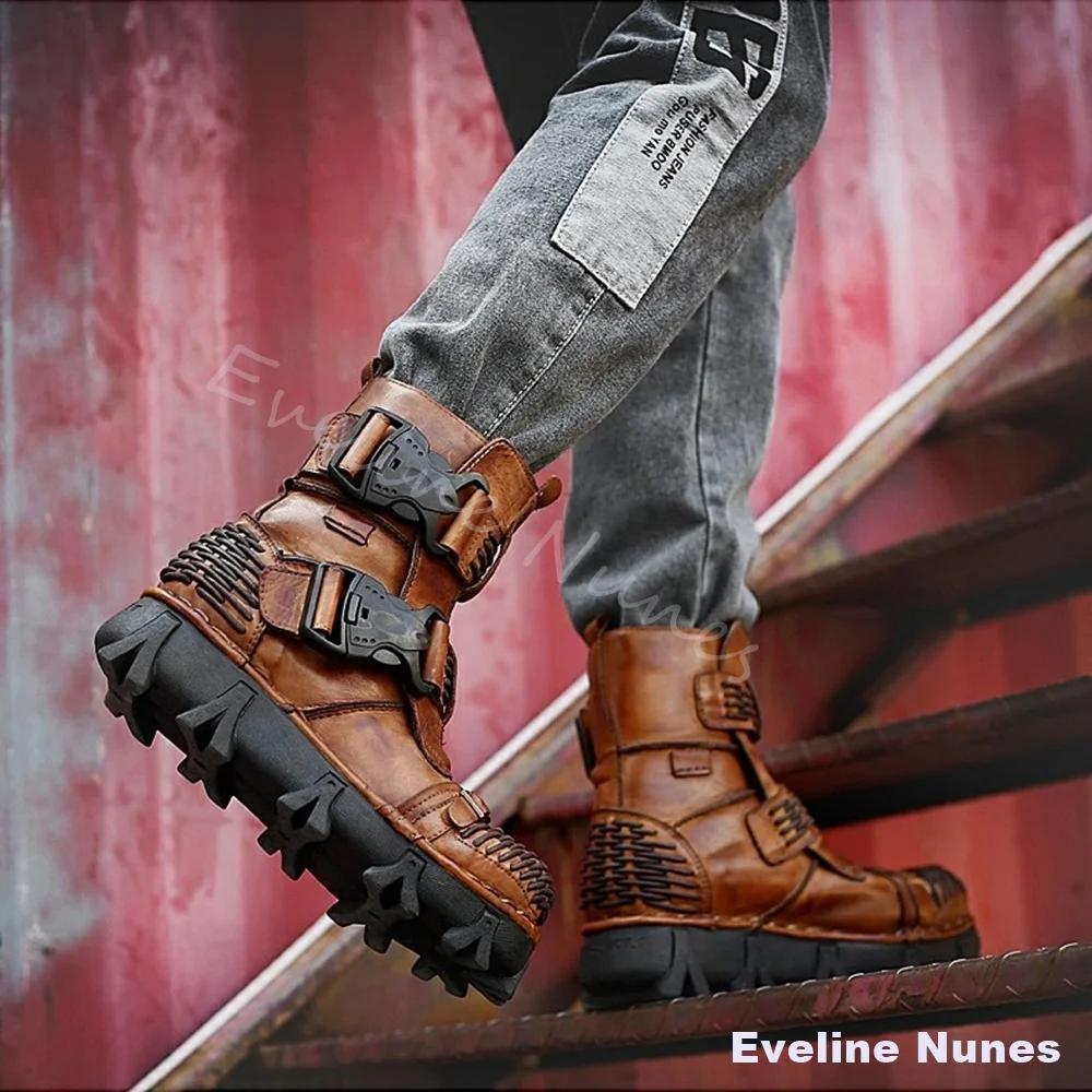 Men Retro Distressed Leather Combat Boots Multi Buckle Straps Hand Woven Toe Cap Platform Gothic Punk Mid Calf Motorcycle Boots