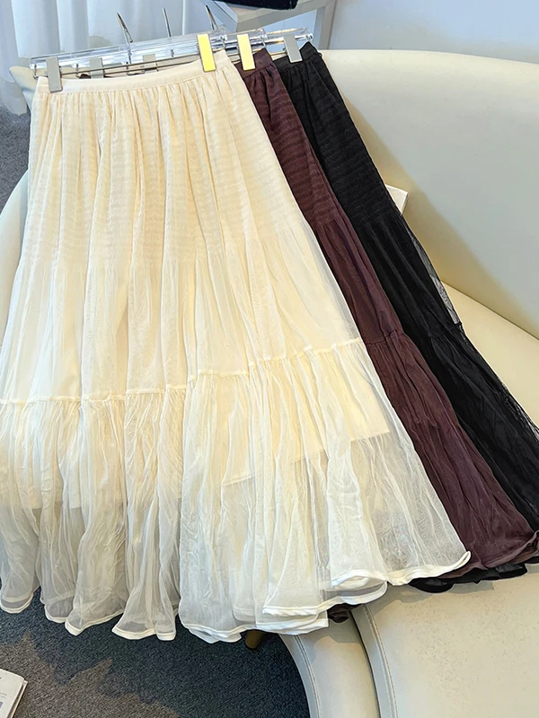 

Балетная кружевная юбка трапециевидной формы, женская нежная ветровая тонкая плиссированная длинная юбка с высокой талией, осенний сезон, повседневная одежда