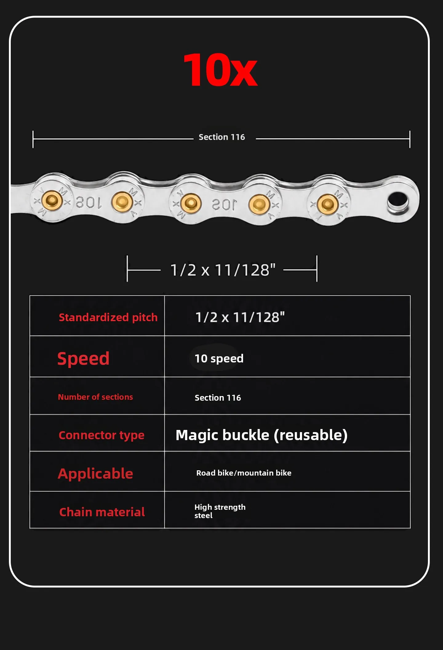 Fahrradkette, Einzel-Super-8/9/10-Gang, für Mountainbike und Rennrad, wird zum „Dead Fly Magic Buckle“-Adapter, universell, galvanisiert. – Detail 13