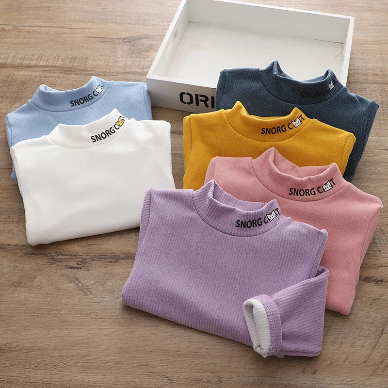 Girls Half High Collar Bottoming Shirt Children Soft Warm Top 3-8T 6 Colors Kids Cute Cat Undershirt Boys Autumn Clothes