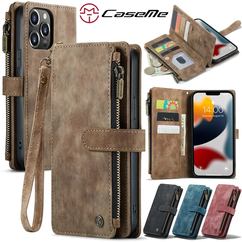 CaseMe Phone Case For iPhone 16 Pro Max 15 14 Plus 13 12 11 XS X XR SE 2022 Flip Leather Zipper Wallet Card Bag Cover Coque Etui