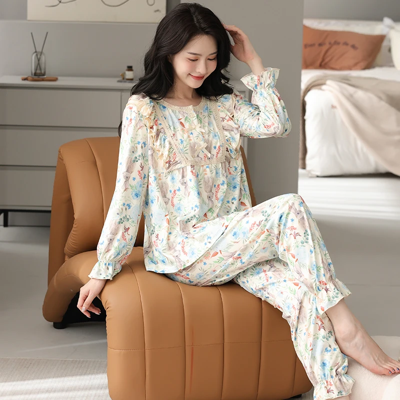 Floral Pajamas For Young Girls Spring Modal Sleepwear Princess Lace O-Neck Long Sleeve Pyjamas Female Autumn Home Suit XXXXL