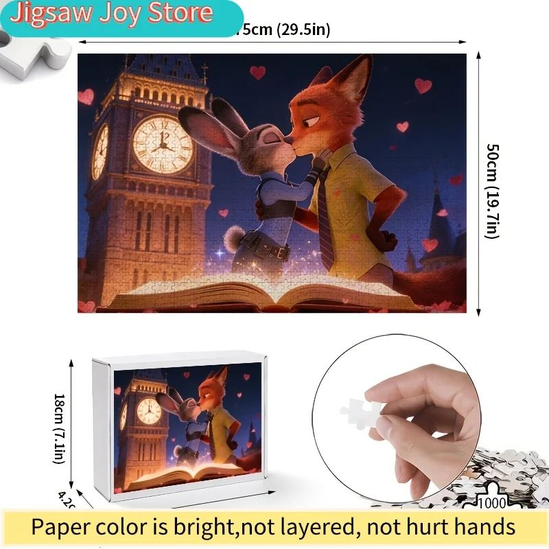 Puzzle plat 2D, Zootopia Judy & Nick Kiss - 1000 pièces, Tour de l'horloge, Livre magique, Cadeau romantique pour la Saint-Valentin, Puzzle de couple Zootopia