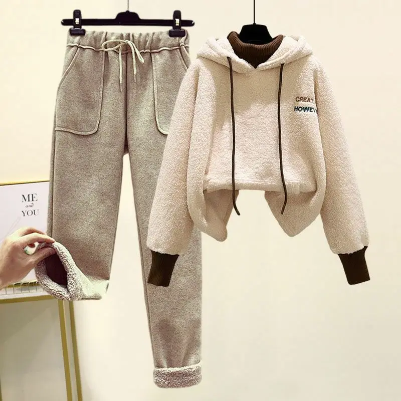 Autumn and Winter Two Piece Age Reducing Fashion Set Women's Thickened Lamb Wool Sweater Woolen Casual Pants
