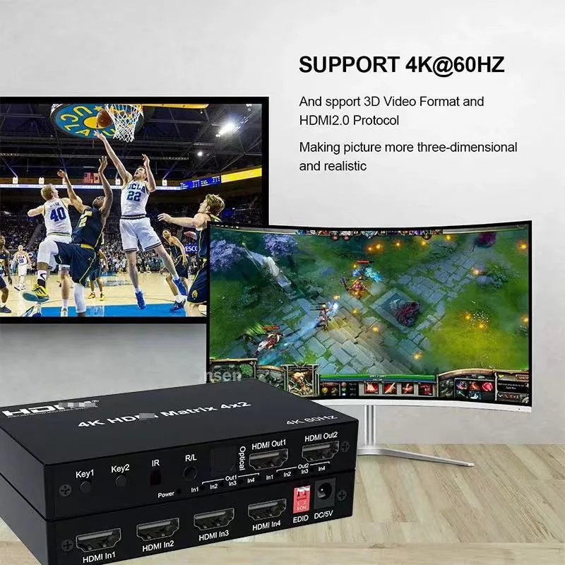 4K 4x2 Matrix przełącznik 2x4 Matrix przełącznik Splitter wideo kompatybilny z HDMI 2 w 4 out z optycznym i R/L ekstraktor Audio Dolby HDCP2.