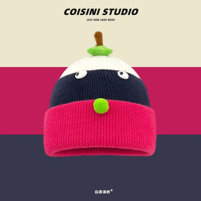 

New Cute Cartoon Striped Color Matching Knitted Hat Autumn and Winter Men and Women Warm Funny Ear Protector Skull Beanie Caps