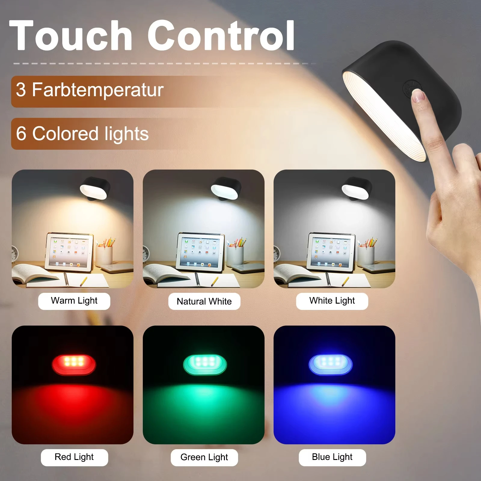 Wireless USB Rechargeable LED Wall Lamp Touch Control 360 Rotatable Light for Bedroom Bedside Reading  Lamp Decor 9 Color Light