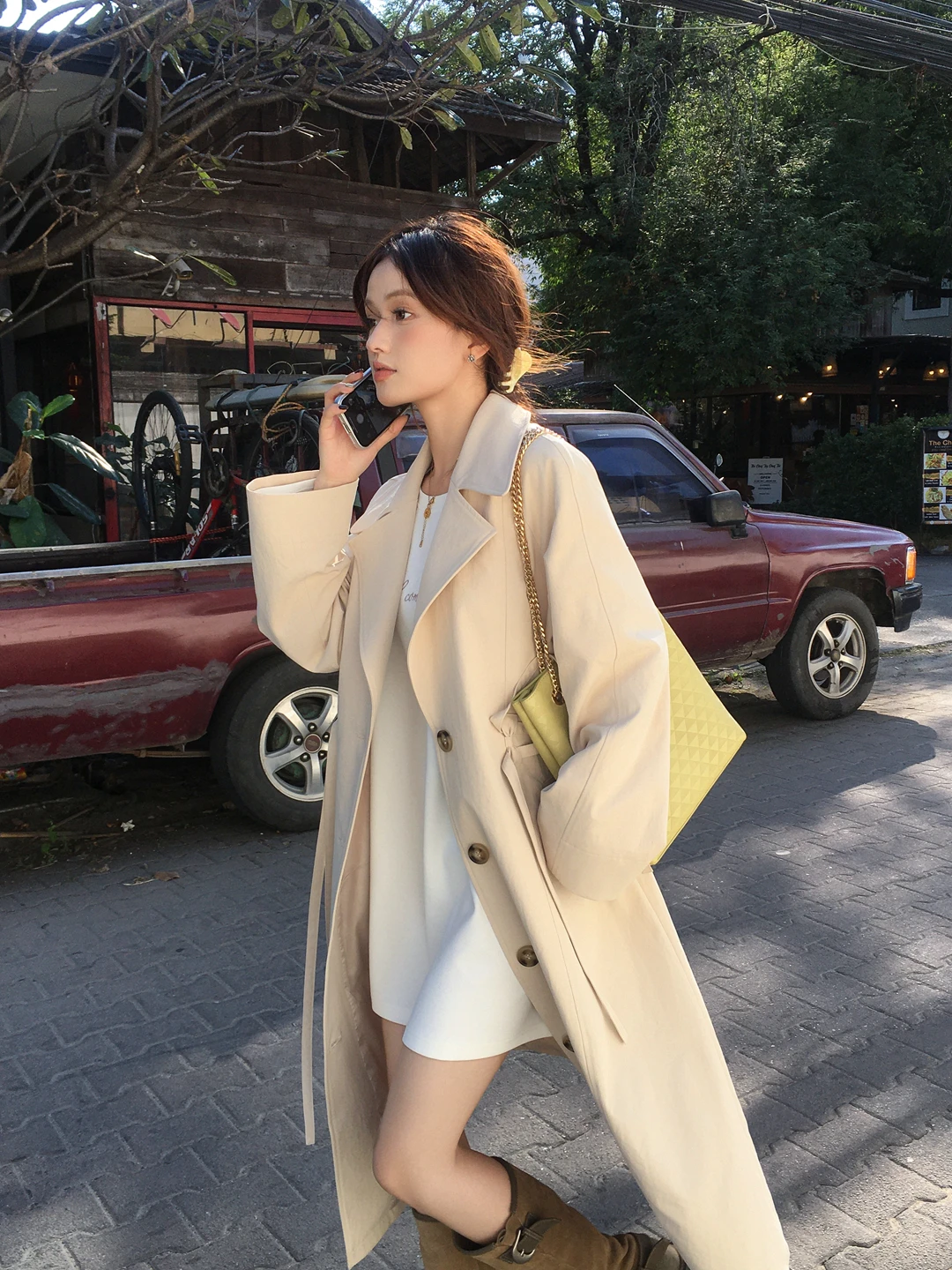 

Gula Liangpin Loose Windbreaker Women's Casual Long Sve Coat Big Collar Waist Cinched oulder Lengthened Spring Faion