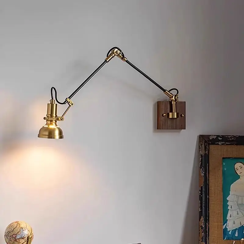Scandinavian Japanese Wabi Sabi Industrial Wall Lamp Solid Wood Brass with Switch for Bedside Reading