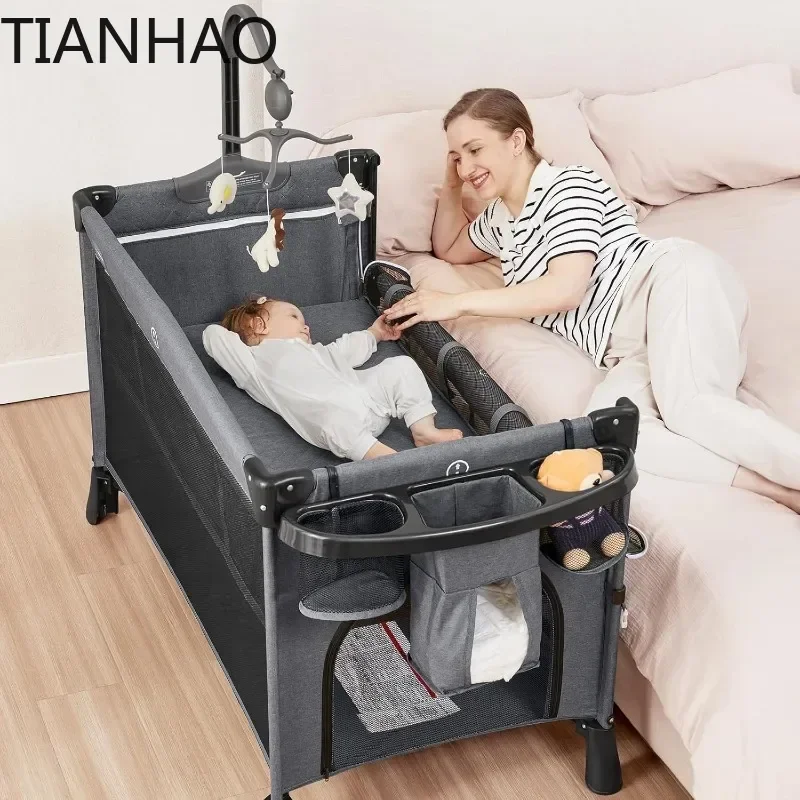 Bedside Crib & Playpen Portable Easy Folding with Mobile, Mattress & Sheet Grey