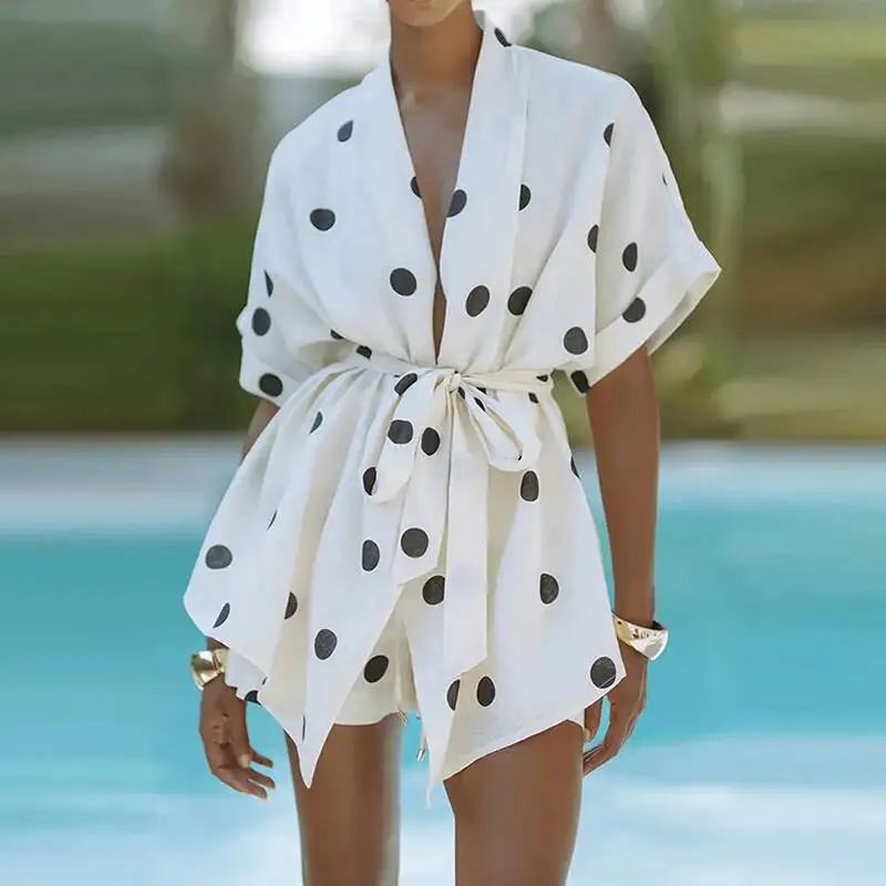 

2026 Spring Polka Dot Print Two Piece Set Casual Batwing Sleeve Lace Up Tops And Shorts Suit Women Elegant Loose Commute Outfits