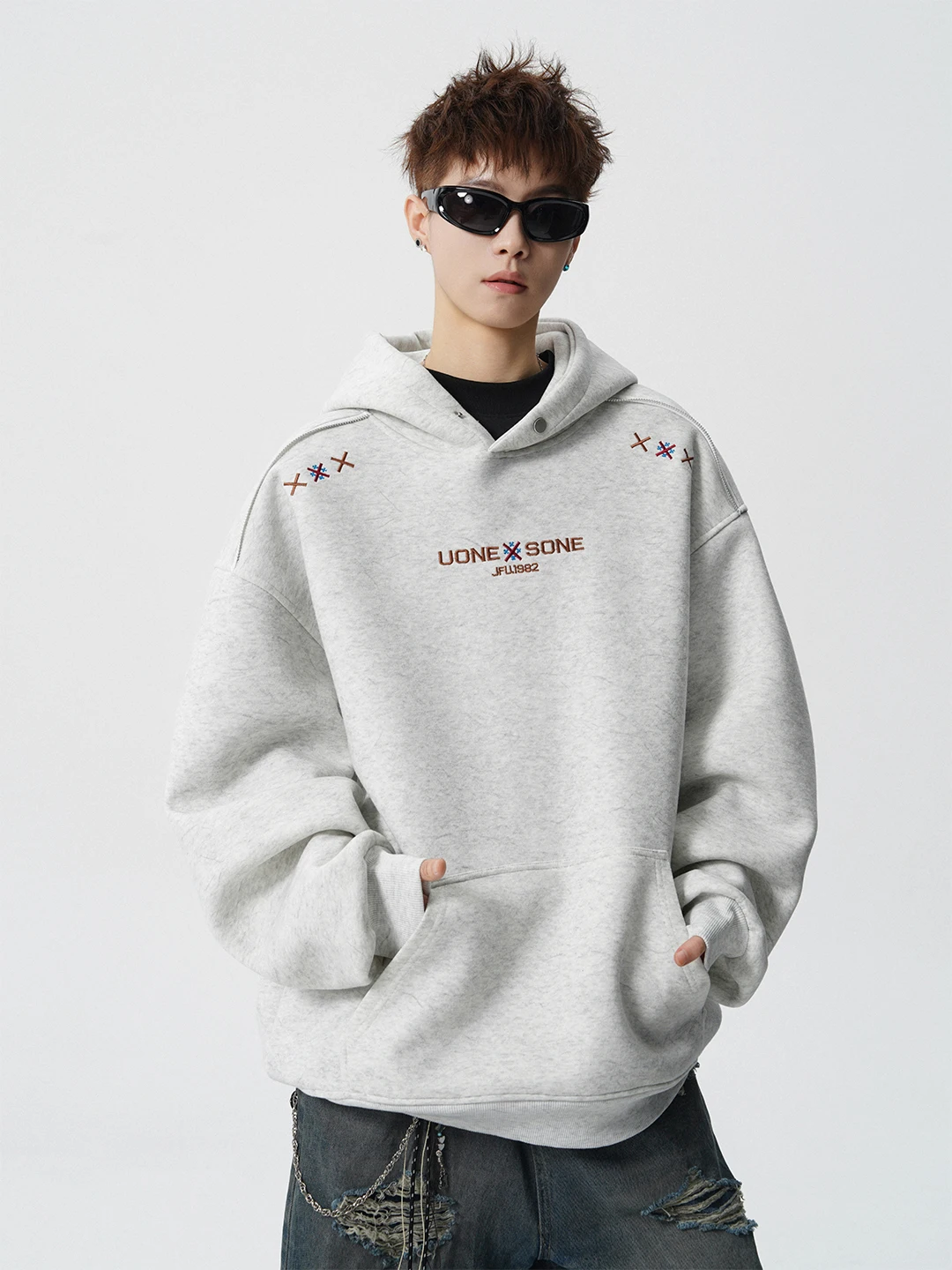 

American Sle Heavyweight Hoodie Men's Design Sense oulder Zipper Weathered Top Autumn Winter Jaet Polyester Fiber Long ...