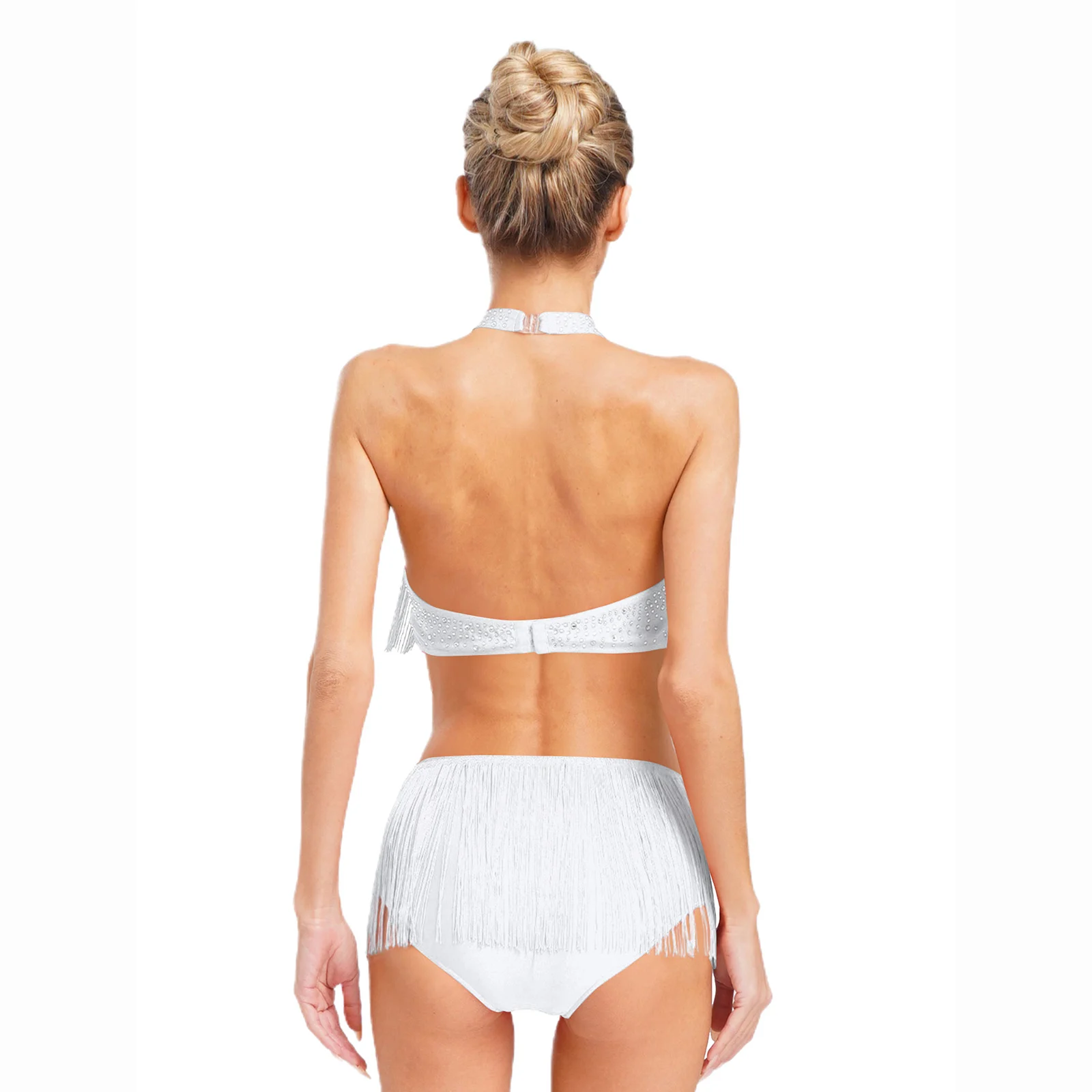 Dames Latin Dance Outfits Strass Competitie Halter Sheer Mesh Crop Tops met kwastje Shorts voor Salsa Samba Buikdansen