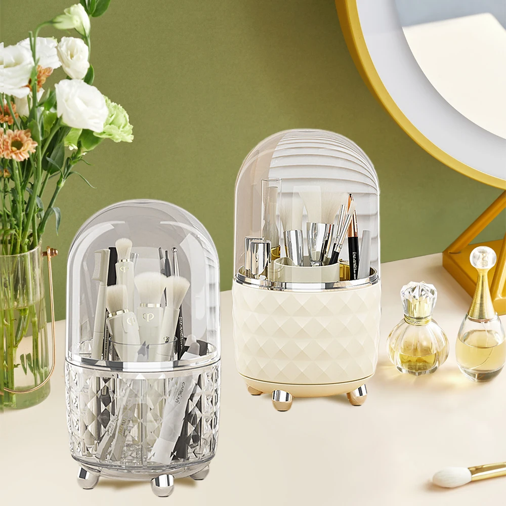 

Waterproof & Dustproof Makeup Brush Holder with Lid Cosmetic Tools Organizer 360 Rotating Make up Brushes Storage for Vanity