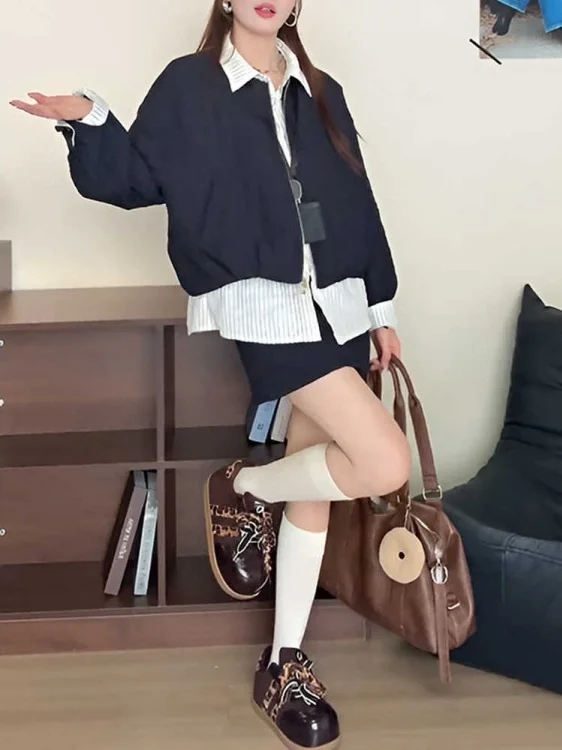 

Корейский комплект из укороченной куртки и юбки в стиле пэчворк для полных женщин: модная коллекция весна-осень