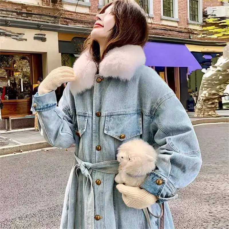 Winter New Women's Cowboy Down Cotton Jacket Loose Windproof Strap Pike