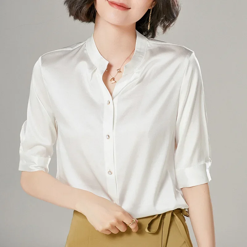 Fashion Stand Collar Solid Color Silk Shirt Women Spring 90% Mulberry Silk Shirts Mid-sleeve Slim Tops Casual Silk Blouse Zm2780