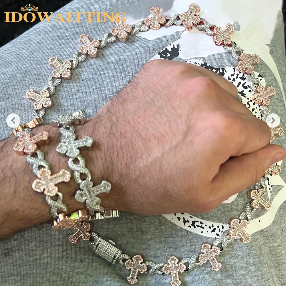 

2025 Two Tone Iced Out Infinity Cross Link Necklace for Men Cubic Zirconia Paved Bling Cuban Chain Cross Charm Hip Hop Jewelry
