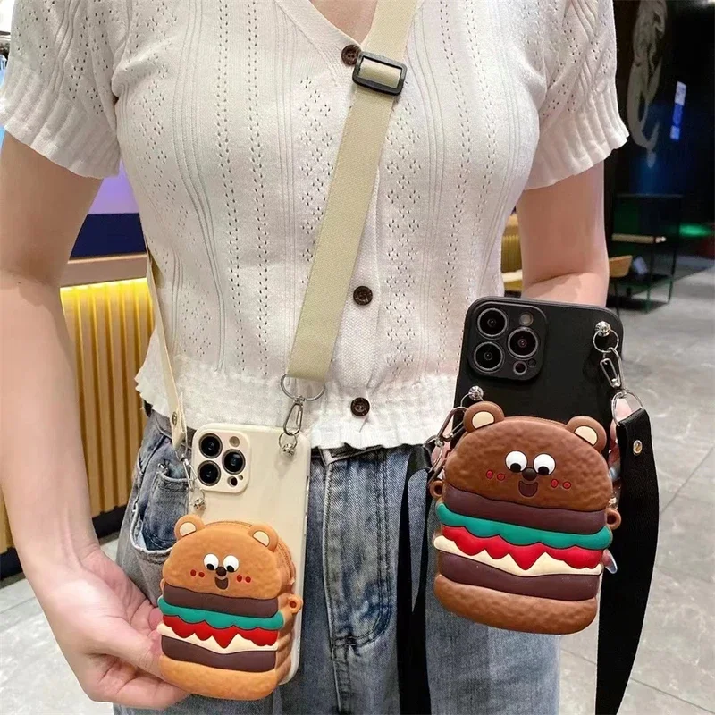 Cute 3D Hamburger Bear Wallet lipstick bag Crossbody Neck Strap Silicone case for iphone 15Pro MAX 11 12 13 14 Xs Xr 8Plus cover