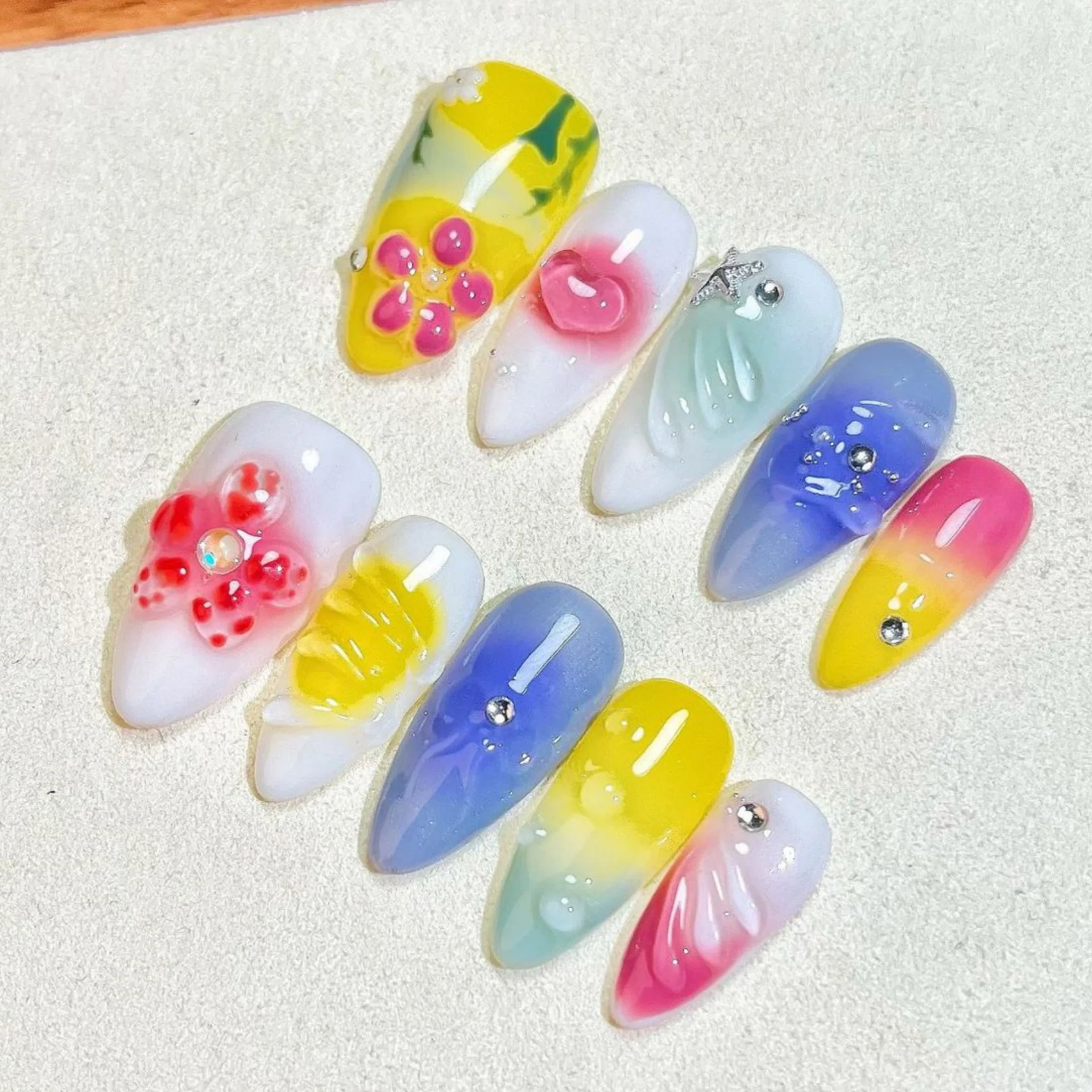 

10pcs Handmade Press On Nails Dopamine Summer Beach Style False Nails Gradient Hand-painted 3D Carving Flower Almond Fake Nail