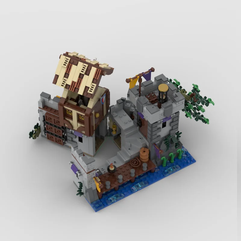 1043 peças moc 180928   Modelo de vista de rua, porta de rio medieval, vila, faça você mesmo, blocos de construção educacionais criativos para crianças, presente de brinquedo