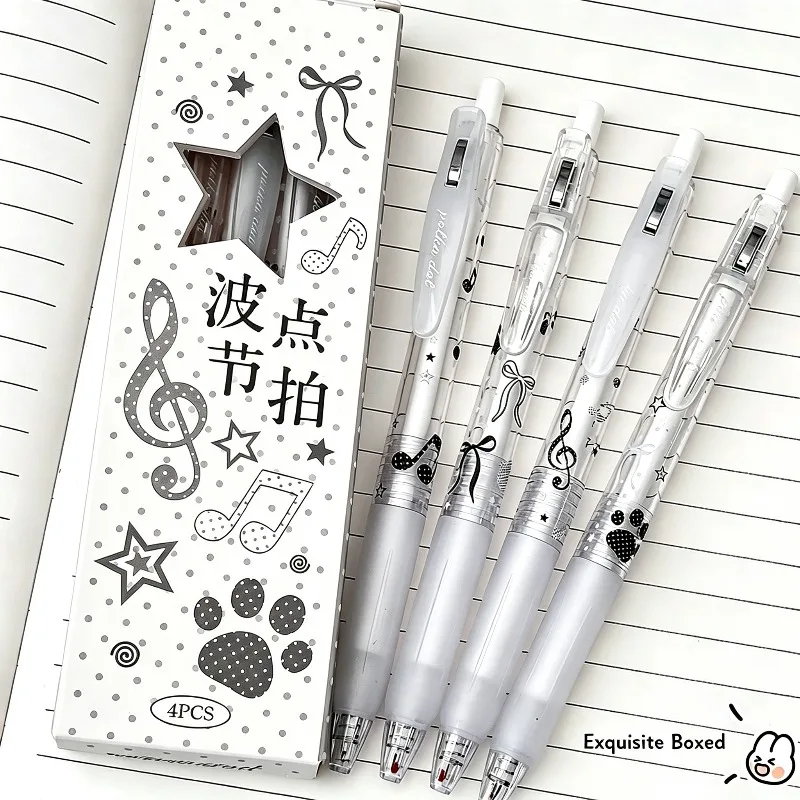 4Pcs Polka Dot Beat Retractable Gel Pen 0.5mm Black Ink Cute Bow Music Note Quick Dry Smooth Writing Student School Stationery
