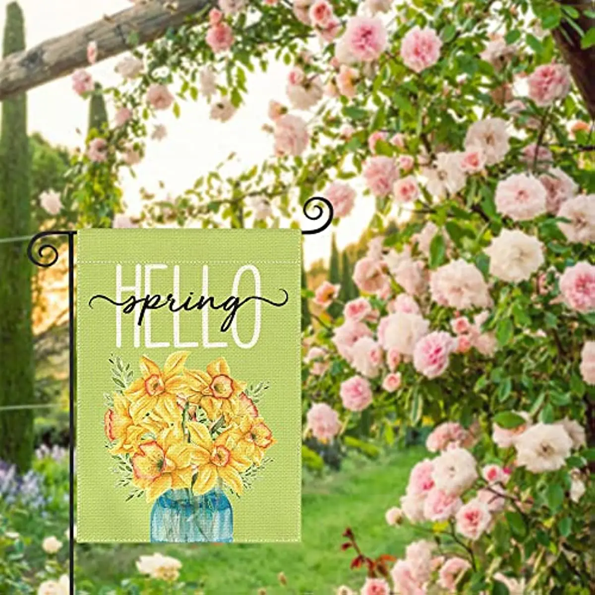 Hello Spring Daffodil Garden Flag 12x18 In Double Sided Outside, Floral Mason Jar Seasonal Yard Outdoor Flag