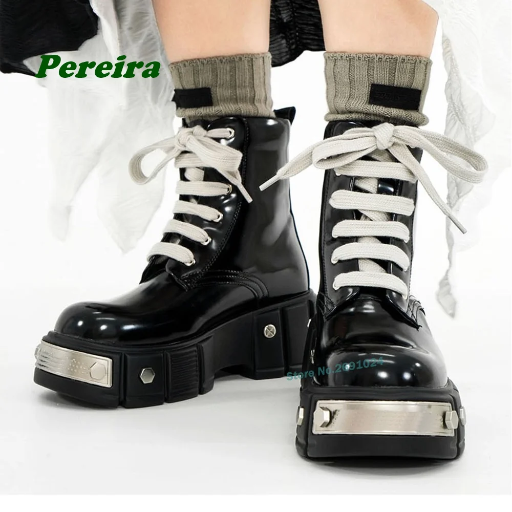 

Thick Soled Motorcycle Boots Metal Decoration Lace Up Round Toe Platform Women's Ankle Boots Glossy Knight Booty Spicy Girls