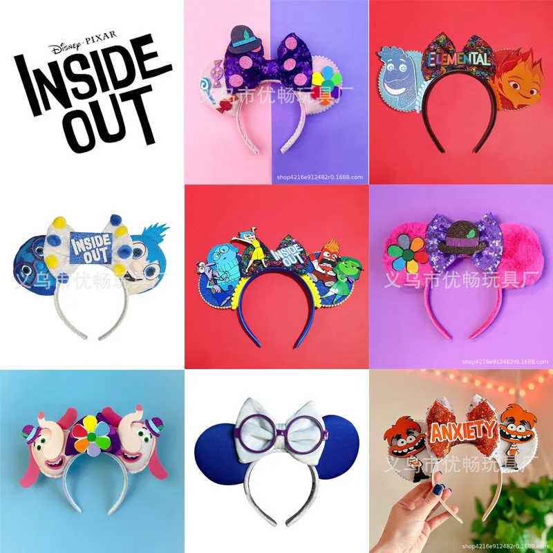 Disney Inside Out Theme Headband Joy Sadness Anger Kawaii Headgear with Cute Ear Anime Peripher Hair Accessories Gifts for Kids