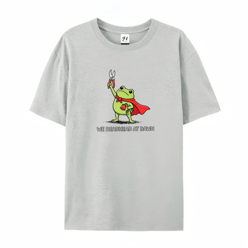 Men  Cute Frog T Shirt We Deadhead At Dawn Gardening Graphic Tee Short Sleeve Casual Light Grey Cotton Top