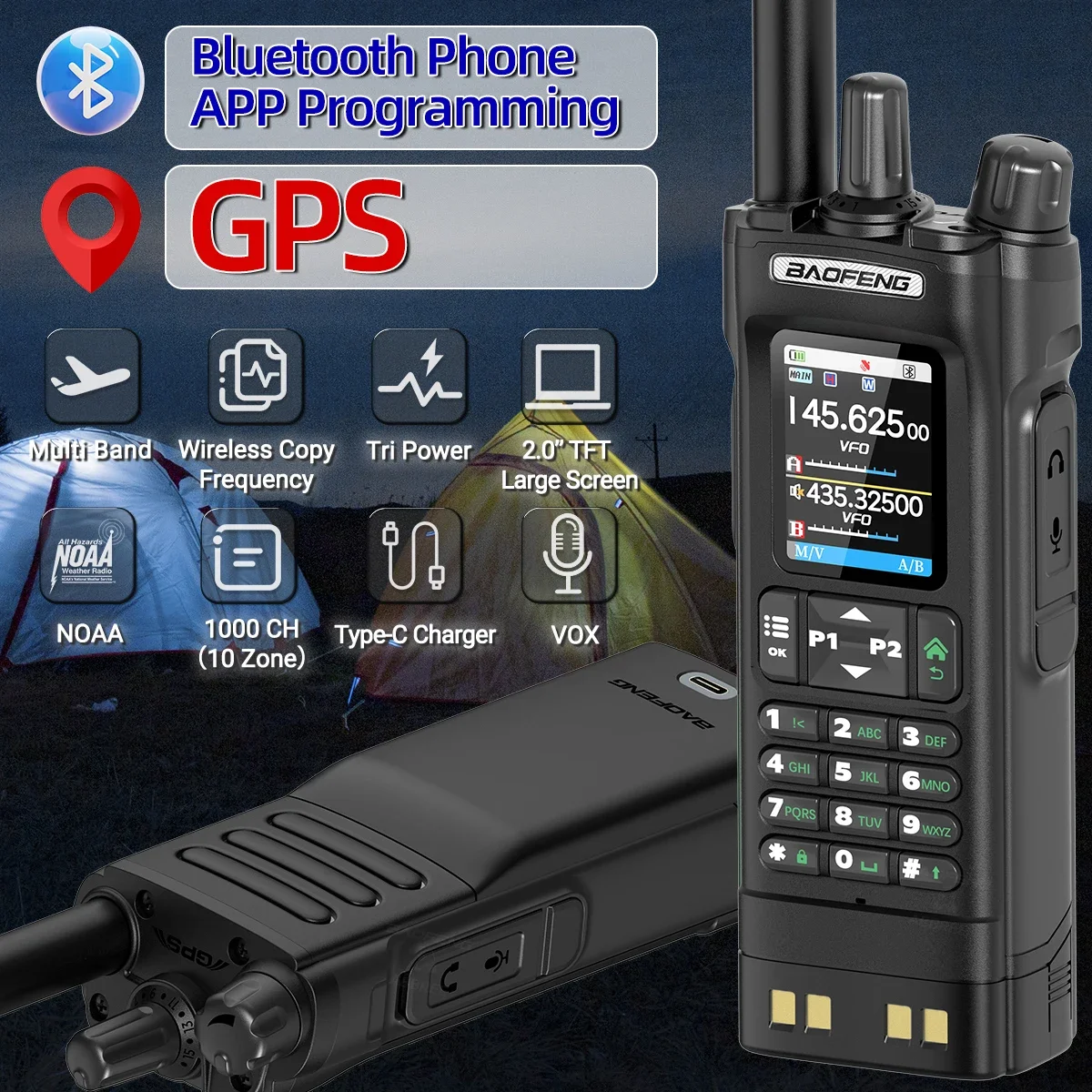 BAOFENG UV-32 GPS Walkie Talkie 10W banda aérea programación Bluetooth copia inalámbrica frecuencia banda completa FM Radio bidireccional de largo alcance