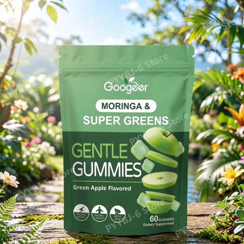 

Жевательные конфеты Moringa & Super Greens со вкусом зеленого яблока, натуральная ежедневная пищевая добавка на растительной основе для поддержания здоровья взрослых, 60 штук