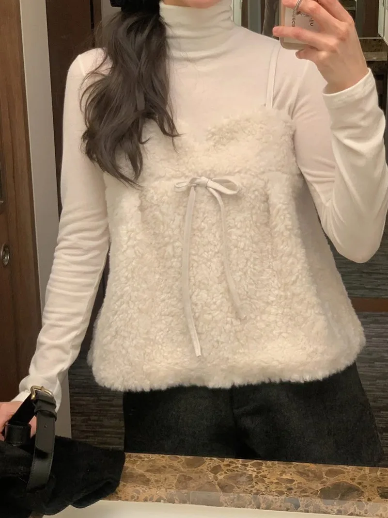 Lamsbontvest Strapl Knoop Damestop Herfst Winter Gelaagdheid Svel Koreaanse Sle Inner Wear Normale pasvorm