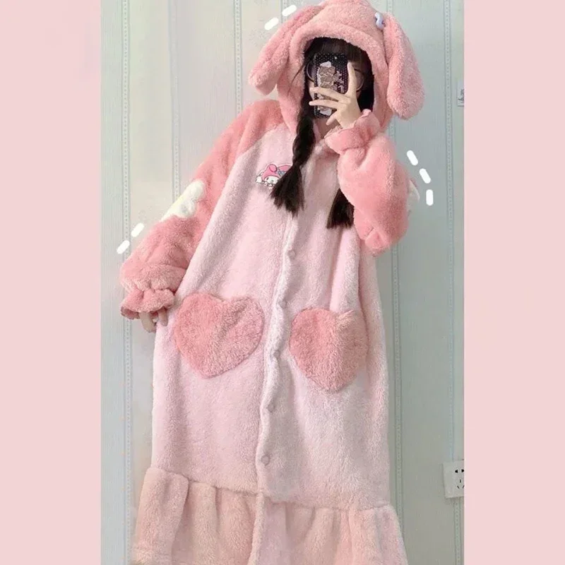 Sanrio Cinnamoroll Kuromi My Melody Nightgown Kawaii Cartoon Night Robe Trousers Suit Winter Thickened Fleece Winter Pajama