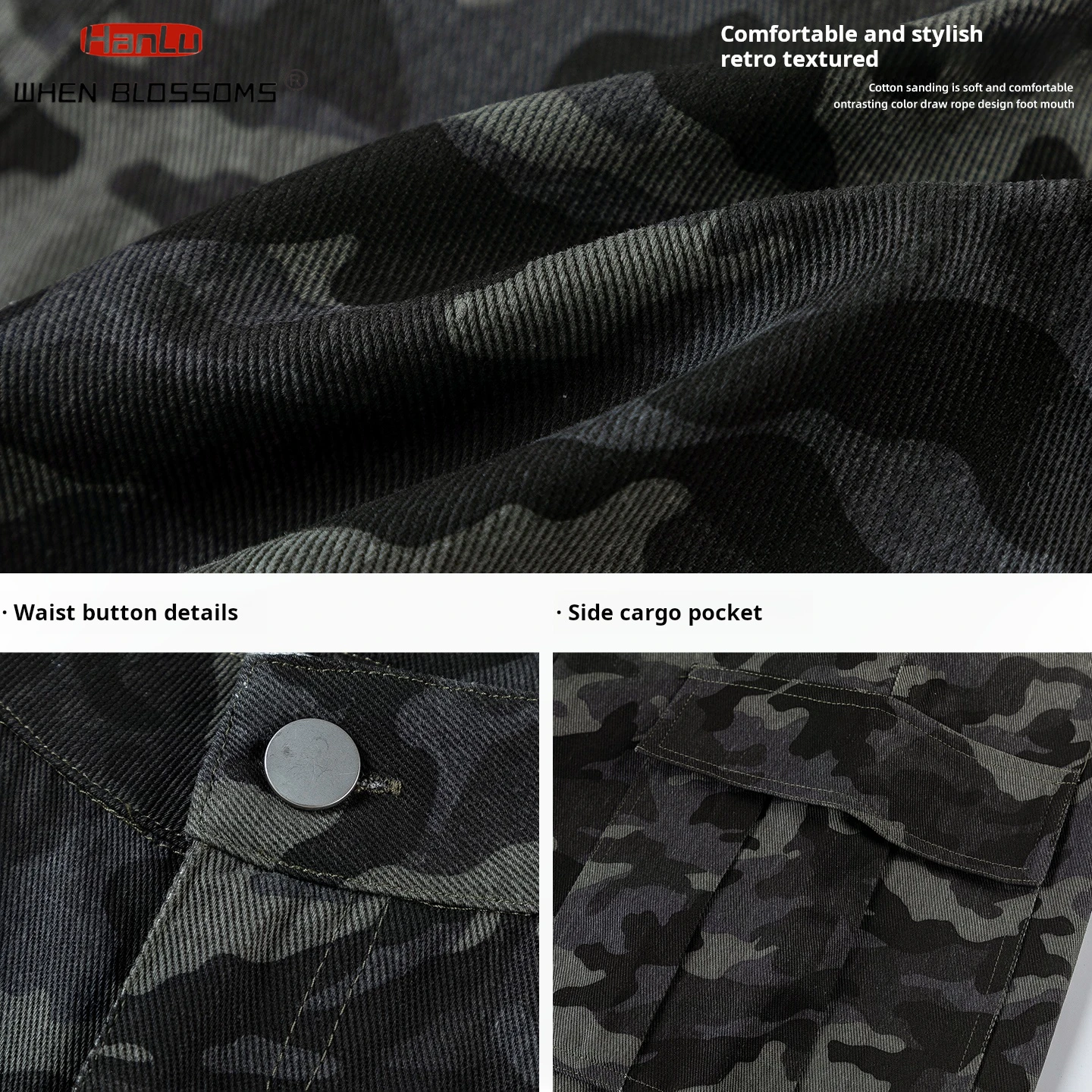 HANGLU 2025 Men's Vintage Camo Cargo Pants High Street Straight Leg Tactical Pocket Streetwear Utility Casual Trousers