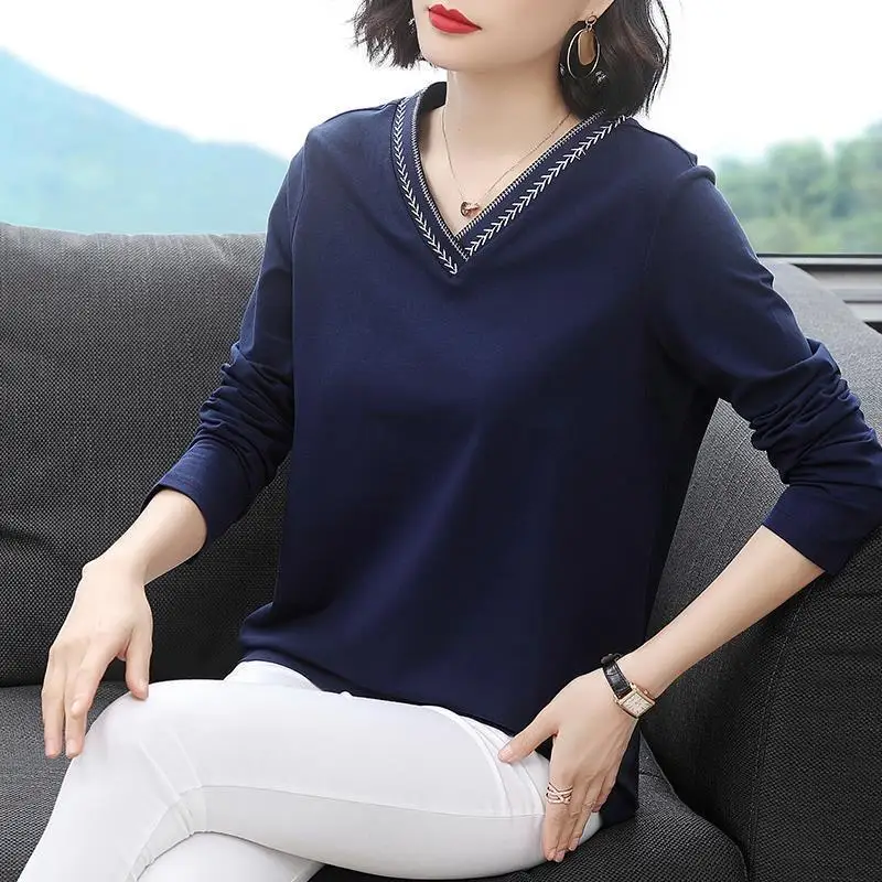 Pure Cotton Loose Oversize Long Sleeved T-shirt Women Arrow Striped Embroidery V-Neck Straight Spring Summer Spliced Simplicity