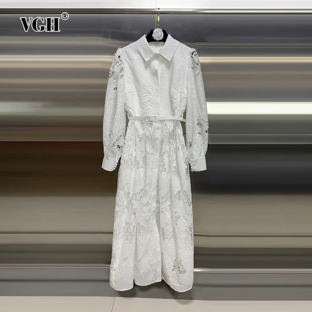 VGH Abiti ricamati scavati solidi per le donne Risvolto Manica lunga Vita alta Cintura patchwork Abito elegante Moda femminile Nuovo