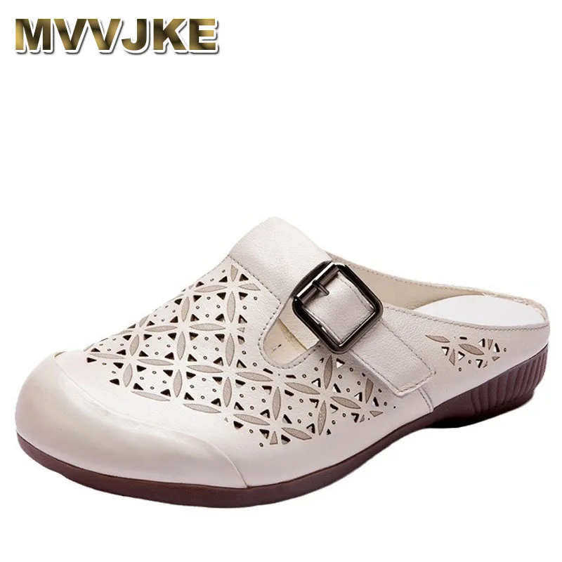 

Summer Women's Slippers Genuine Leather Mom Shoes Hollow Flat Heel Slippers For Women Retro