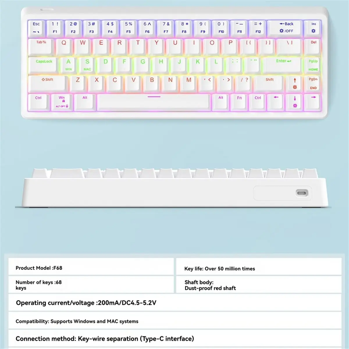[VALUE PACK]68 Key Mechanical Keyboard USB Wired RGB Backlight LED Red Switch Keyboard for Game PC Laptop