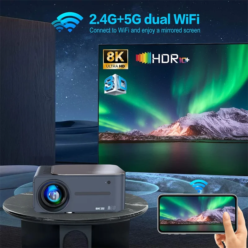 Projetor inteligente android 9 4k 8k wifi6 controle de voz foco eletrônico bt5.0 feixe de cinema em casa projetor full hd 1080p