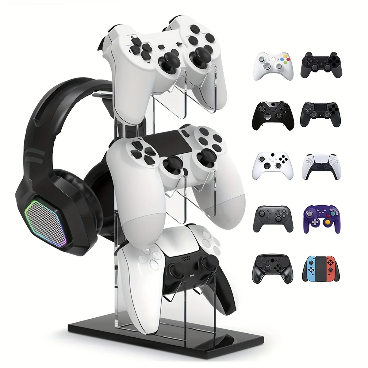 حامل وحدة تحكم عالمي مكون من 3 طبقات وحامل سماعة الرأس ملحقات ألعاب لحامل تخزين PS5 PS4 باللون الأسود والأبيض والشفاف