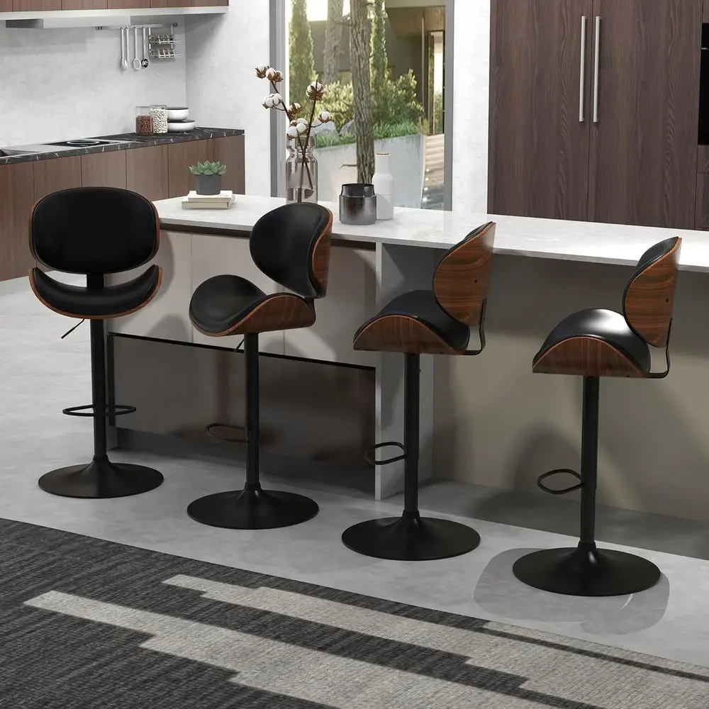 

Adjustable Swivel Bar Stools Set of 4 with Bentwood Design, Black Leather Seats for Kitchen Counter or Island