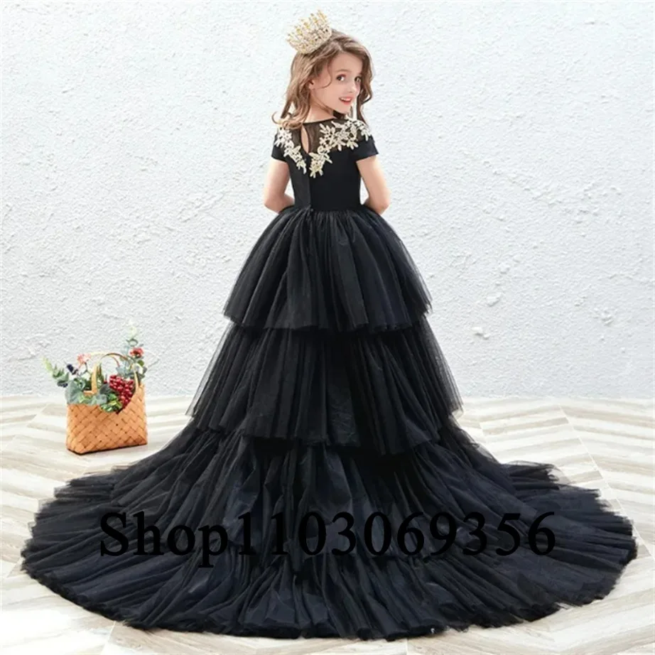 Vestido de fiesta de primera comunión, vestido de encaje negro para niña de flores, exquisita línea A, cuello redondo, escalonado, Princesa, boda, cumpleaños