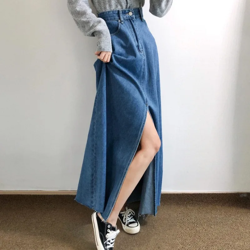 

High Waist Slit Denim A-Line Skirt Women'S Mid-Length Skirts Vintage Jean Zipper Buttons Big Hem Washed Frayed Korean Harajuku